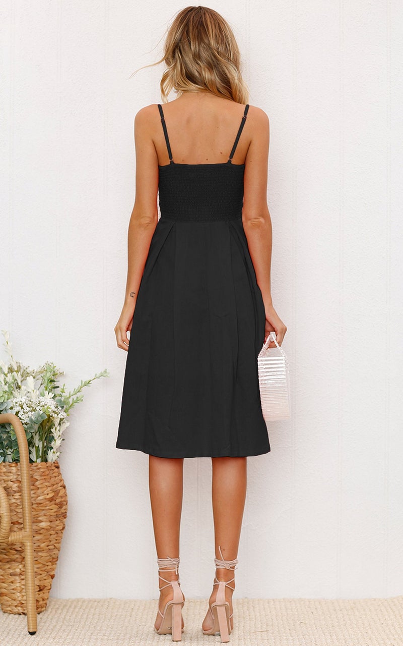 ECOWISH Women 2024 Summer Dresses Tie Front V-Neck Spaghetti Strap Button Down A-Line Backless Swing Midi Dress 572 Black S - Image 5